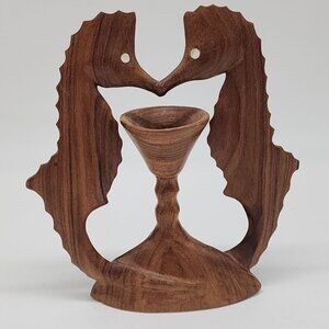 Hand Carved Wooden Kissing Couple Seahorse Cup in the Middle Figurine 7.5